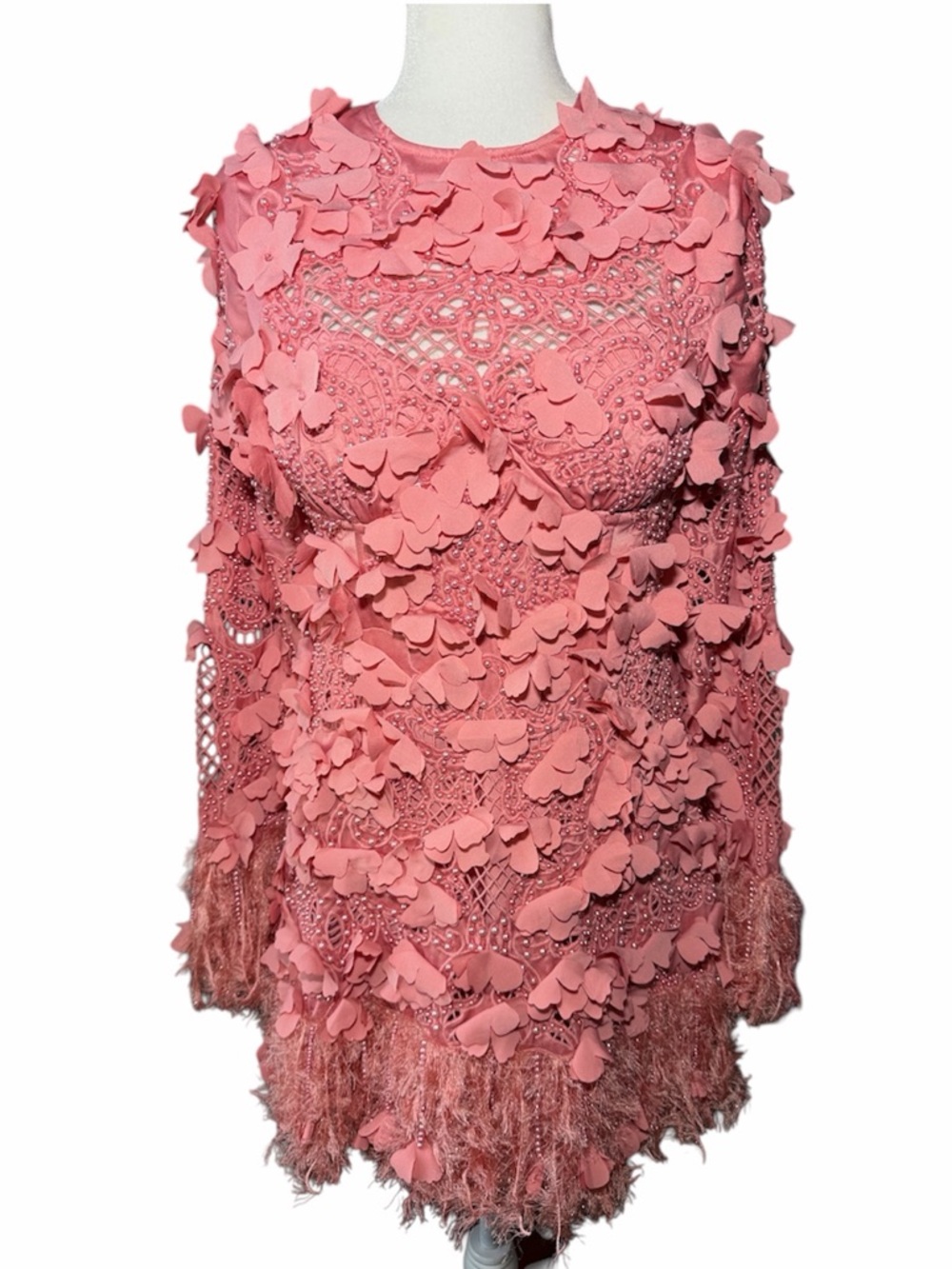 ASOS LUXE 3D floral embellished eyelet mini dress with faux feather trim Size 6 - Picture 3 of 12